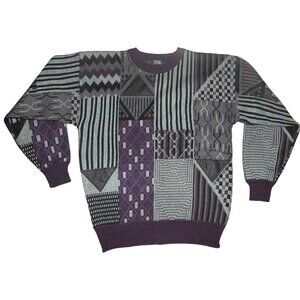 Vintage Stefano Man Crew Sweater Leather Patches Geometric Funky Pop Large 80’s